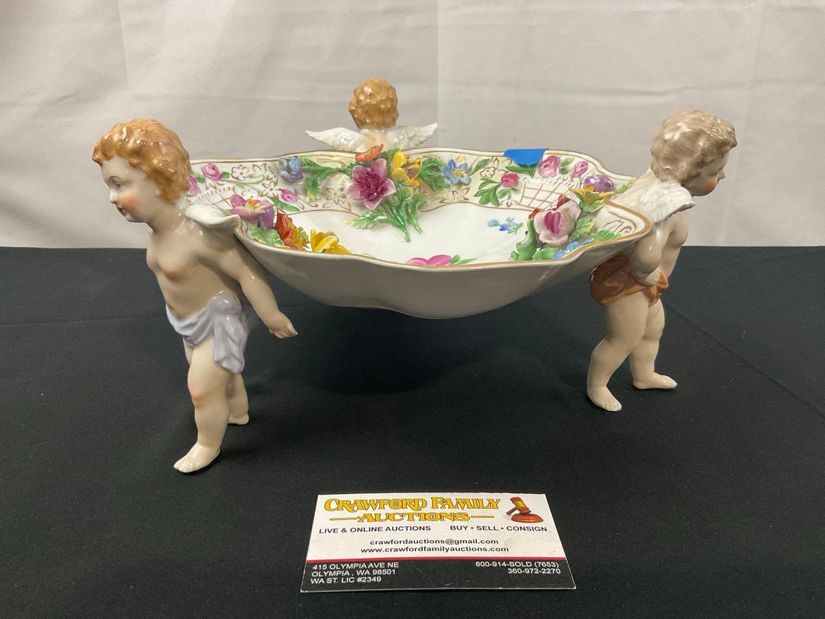 Antique Carl Thieme Dresden Porcelain Cherub Triple Footed Plate