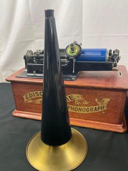 Antique 1906 Edison Home Phonograph incl Model-H 4 Minute Reproducer, 12 wax cylinders Blue Amperol