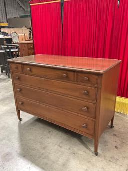 Vintage Wooden Wheeled Glass Topped Lowboy Dresser w/ 6 Drawers & Original Knobs. See pics.