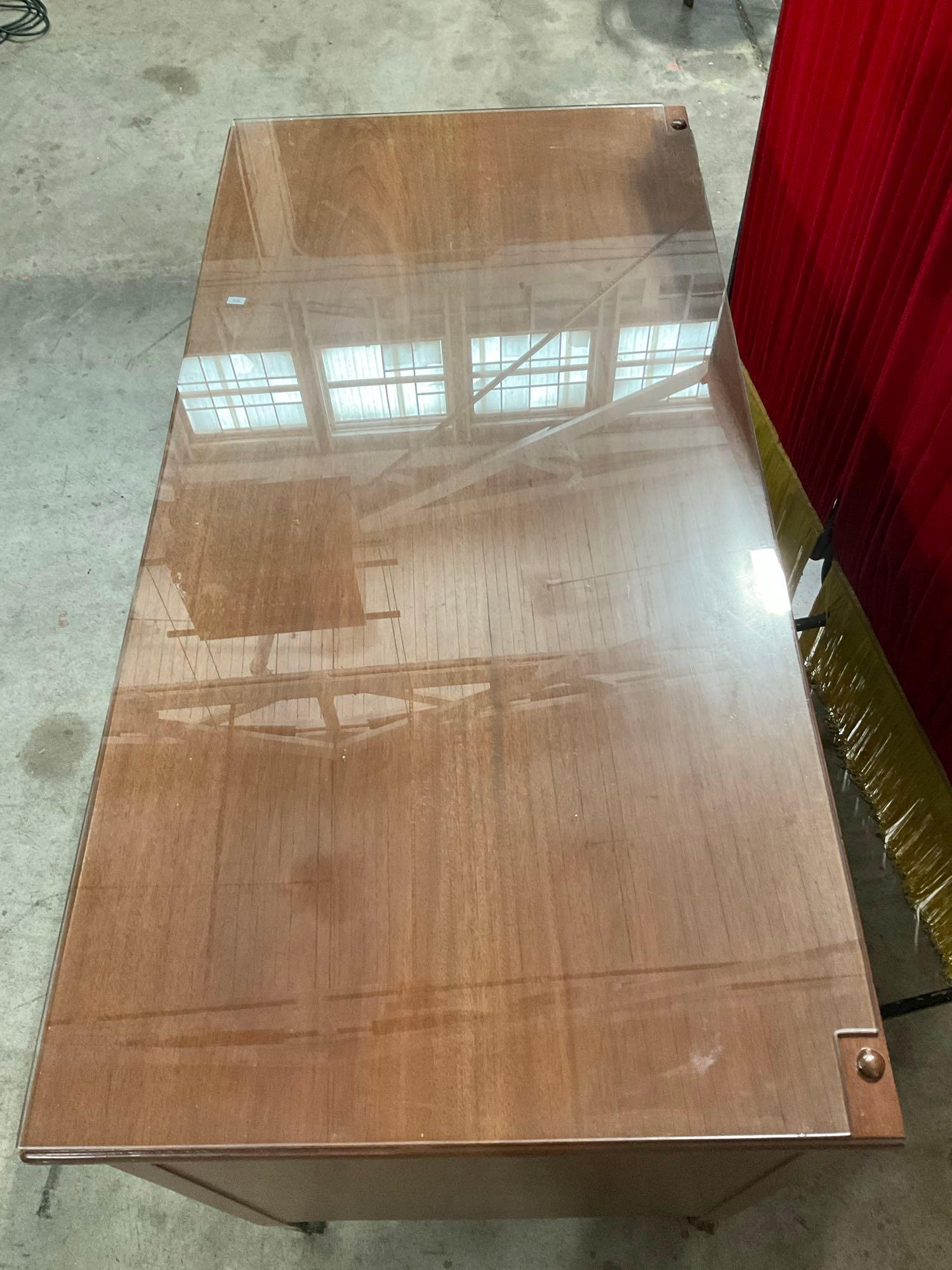 Vintage Wooden Wheeled Glass Topped Lowboy Dresser w/ 6 Drawers & Original Knobs. See pics.