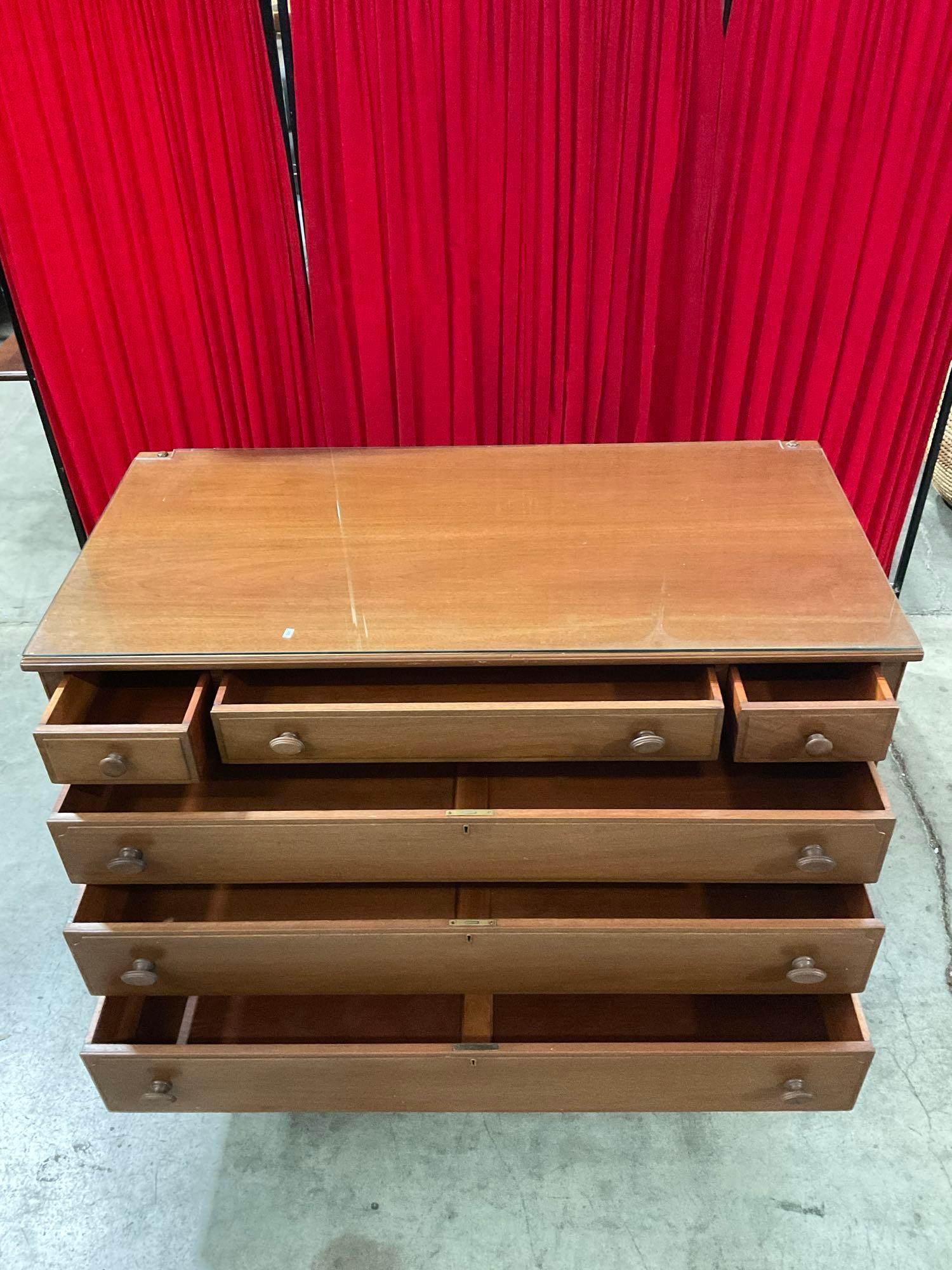 Vintage Wooden Wheeled Glass Topped Lowboy Dresser w/ 6 Drawers & Original Knobs. See pics.