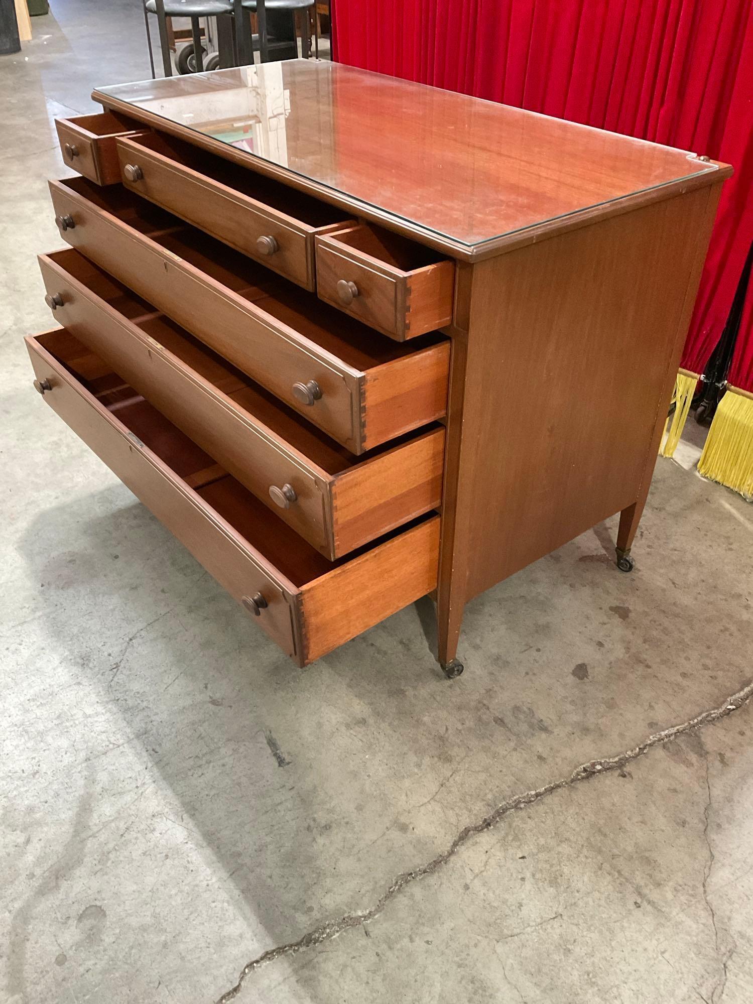 Vintage Wooden Wheeled Glass Topped Lowboy Dresser w/ 6 Drawers & Original Knobs. See pics.