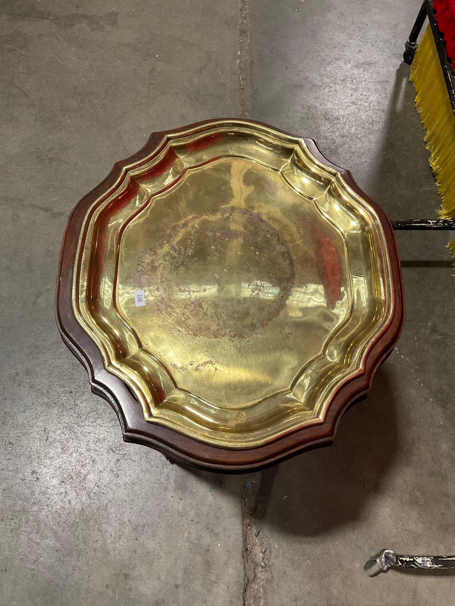 Vintage Brass Topped Wooden Side Table or Planter Tray w/ Scalloped Edges & Unique Shape. See pics.