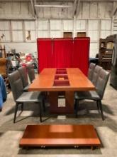 Modern Creative Elegance Oak Veneer Dining Table w/ extra Leaf & 6 Gray Leather Chairs. See pics.