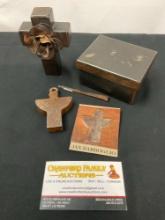 4 Metal Decor pieces by Jan Barboglio, Tile, Angel Ornament, Jewelry Box & Cross w/ Rose