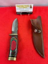 Pakistan Made 3.5" Steel Fixed Blade Skinning Knife w/ Colorful Wood Handle & Sheath. See pics.