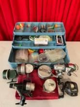 8 pcs Vintage Fishing Gear Assortment. Shakespeare Spinning Reels. Tackle Box & Contents. See pics.