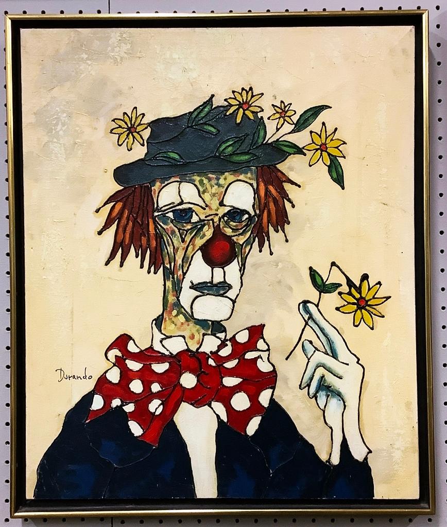 Durandot Rey Oil On Canvas, Clown W/ Daisies, Signed At Left, Framed, 21¼"x