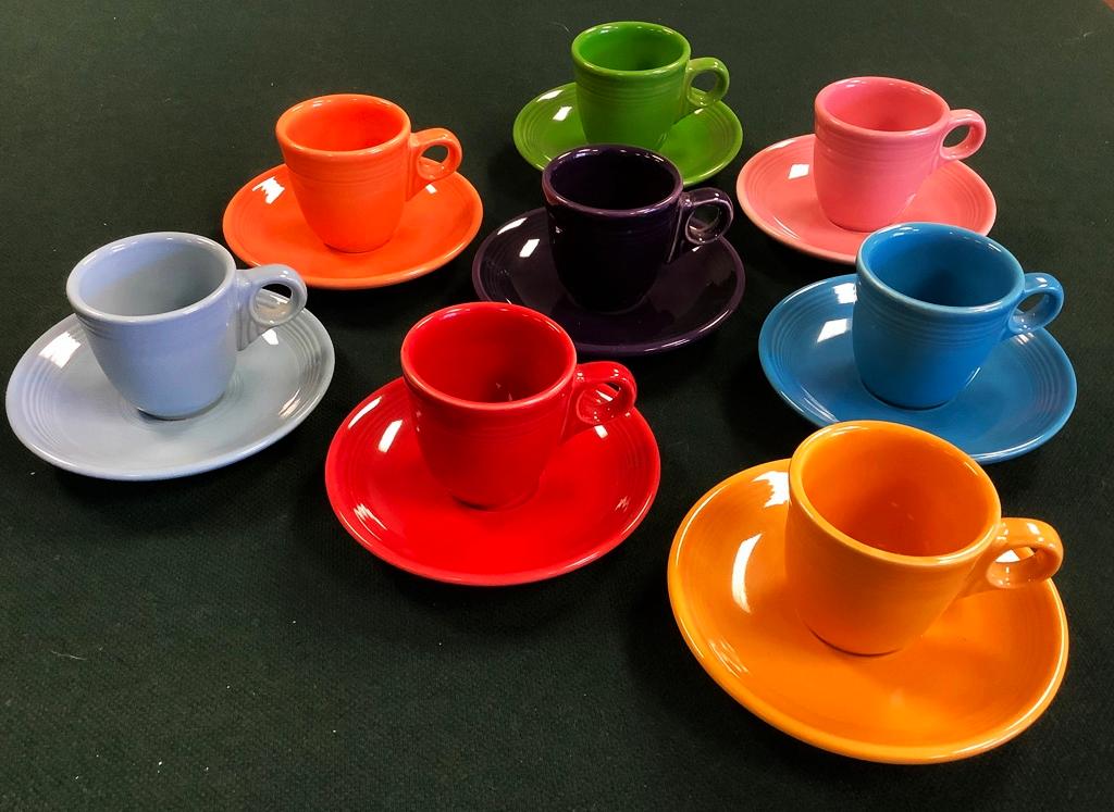 8 Vintage Fiestaware Ring-Handled Demitasse Cups & Saucers