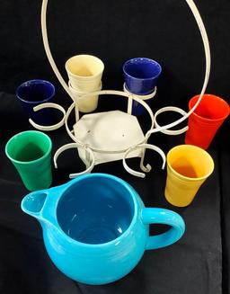 Vintage Wire Wave Stand W/ Fiestaware Pitcher & 6 Tumblers - 17"