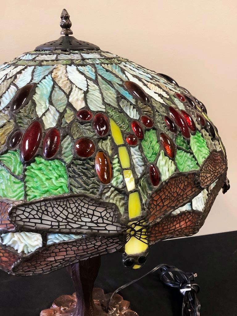 Nice Reproduction 1980s Stained Glass Dragonfly Lamp - 18"x24"