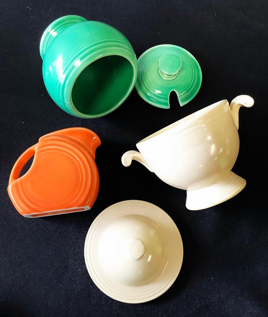 3 Fiestaware Creamer, Sugar Bowl & Jam Jar