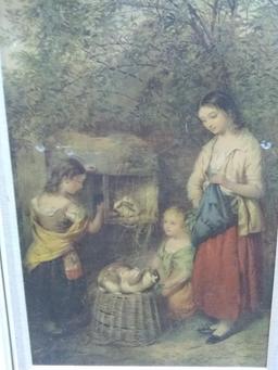 Framed Print On Board - Girls w/ Rabbits