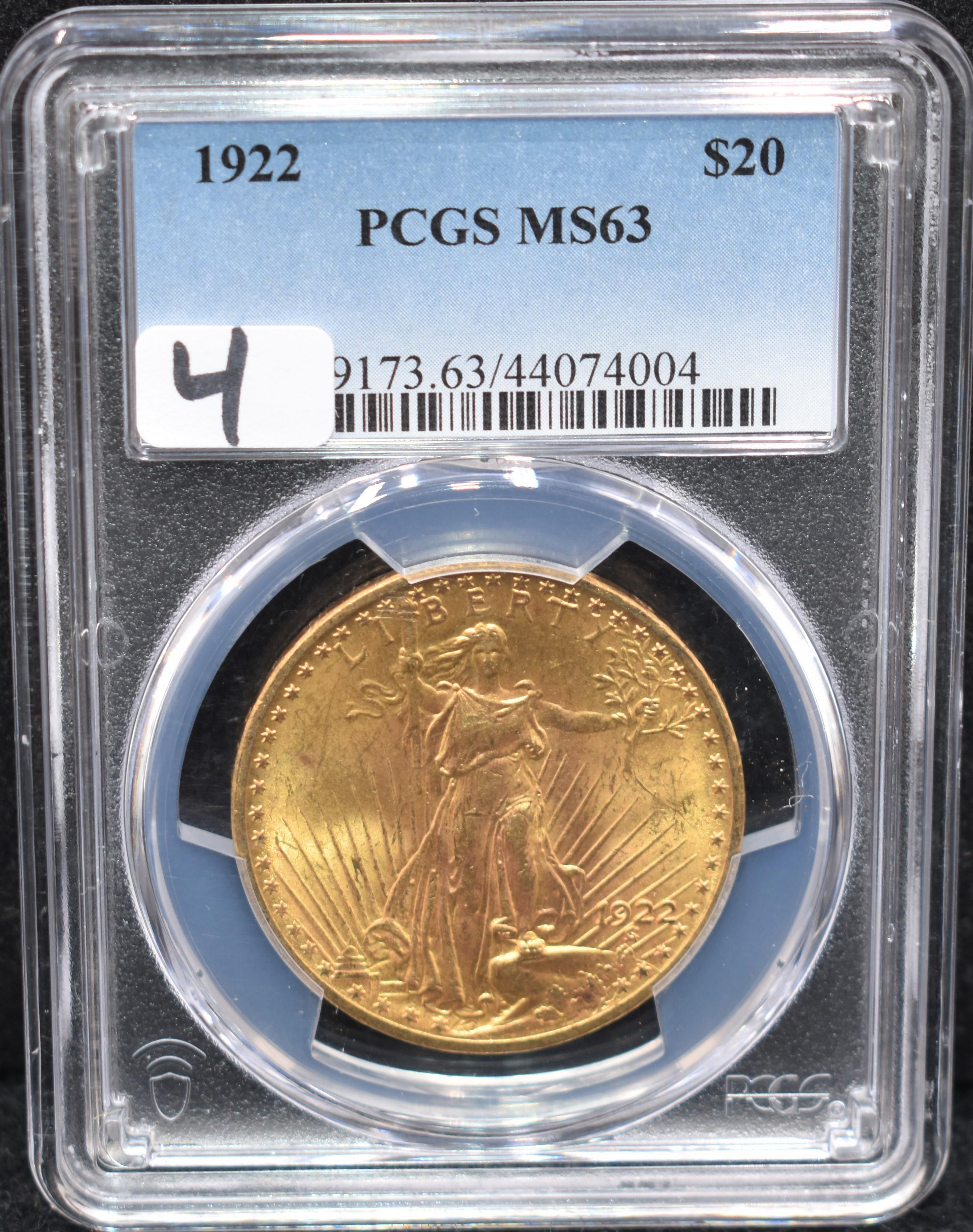 1922 SAINT GAUDENS $20 GOLD - PCGS MS63