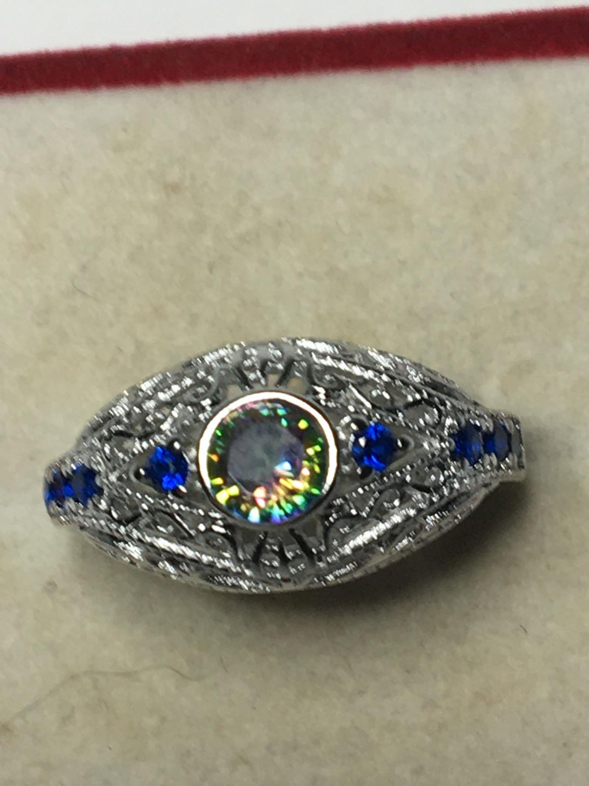 .925 Sterling Silver Ladies Filigree Gemstone Ring