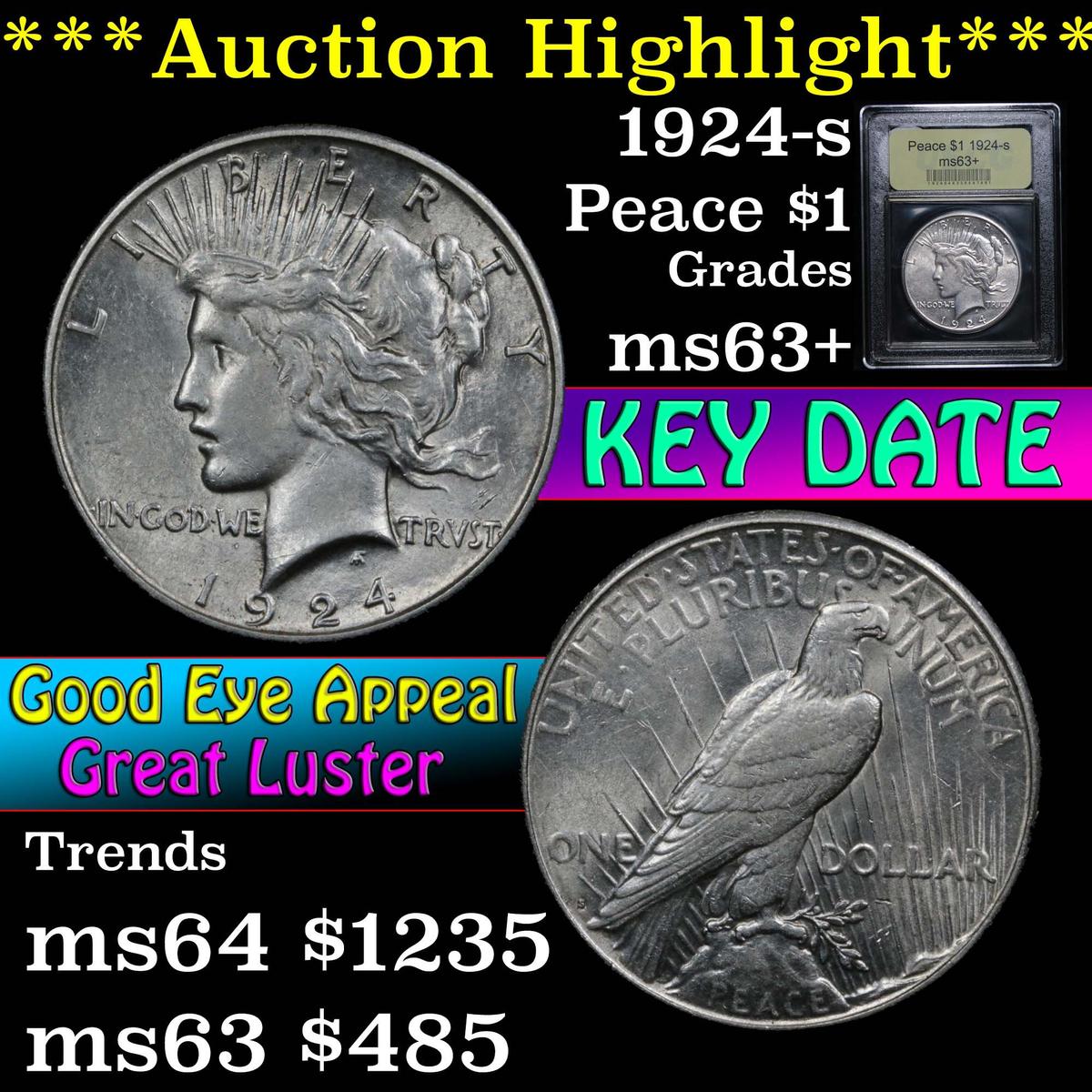 ***Auction Highlight*** 1924-s Peace Dollar $1 Graded Select+ Unc by USCG (fc)