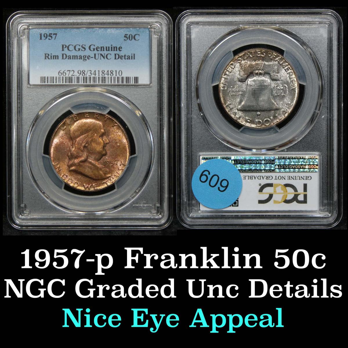 PCGS 1957-p Franklin Half Dollar 50c Graded unc details By PCGS