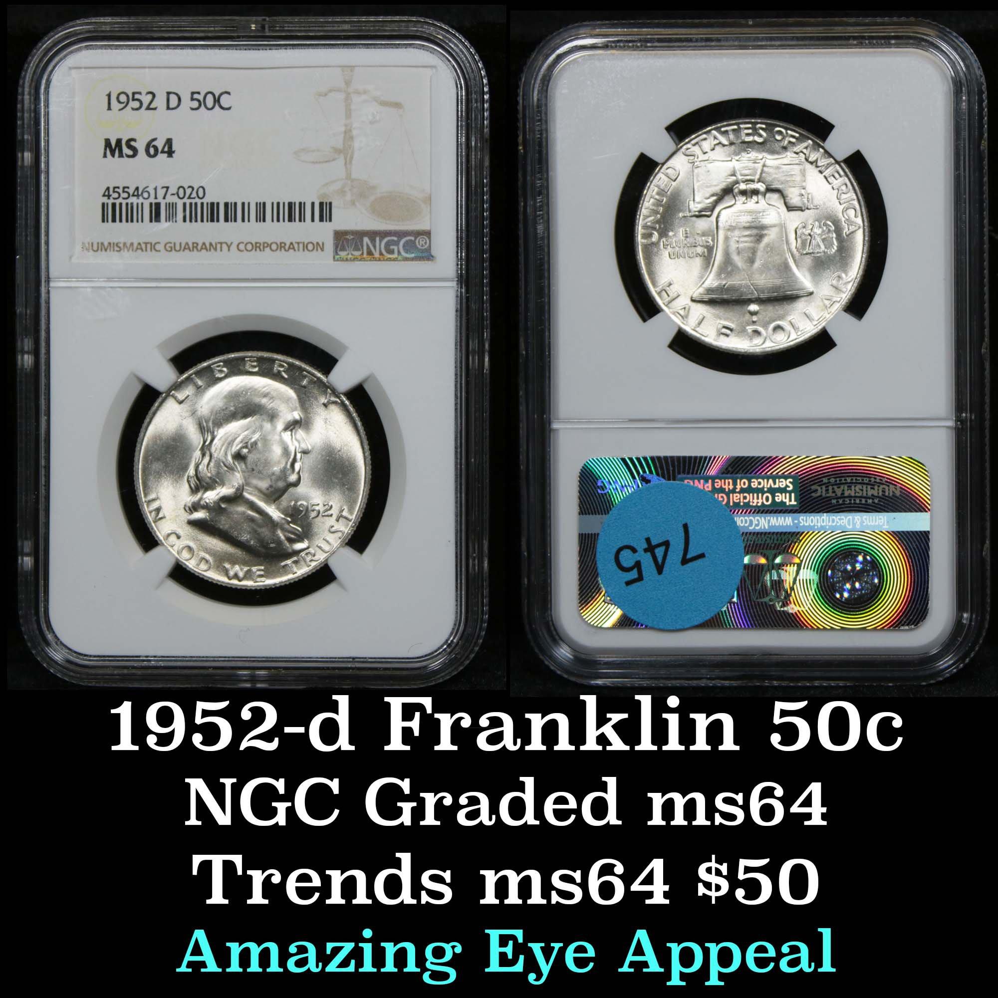 NGC 1952-d Franklin Half Dollar 50c Graded ms64 By NGC