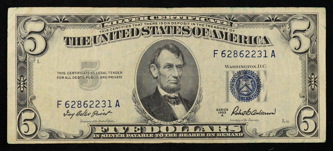 1953A $5 Blue Seal Silver Certificate Grades vf++