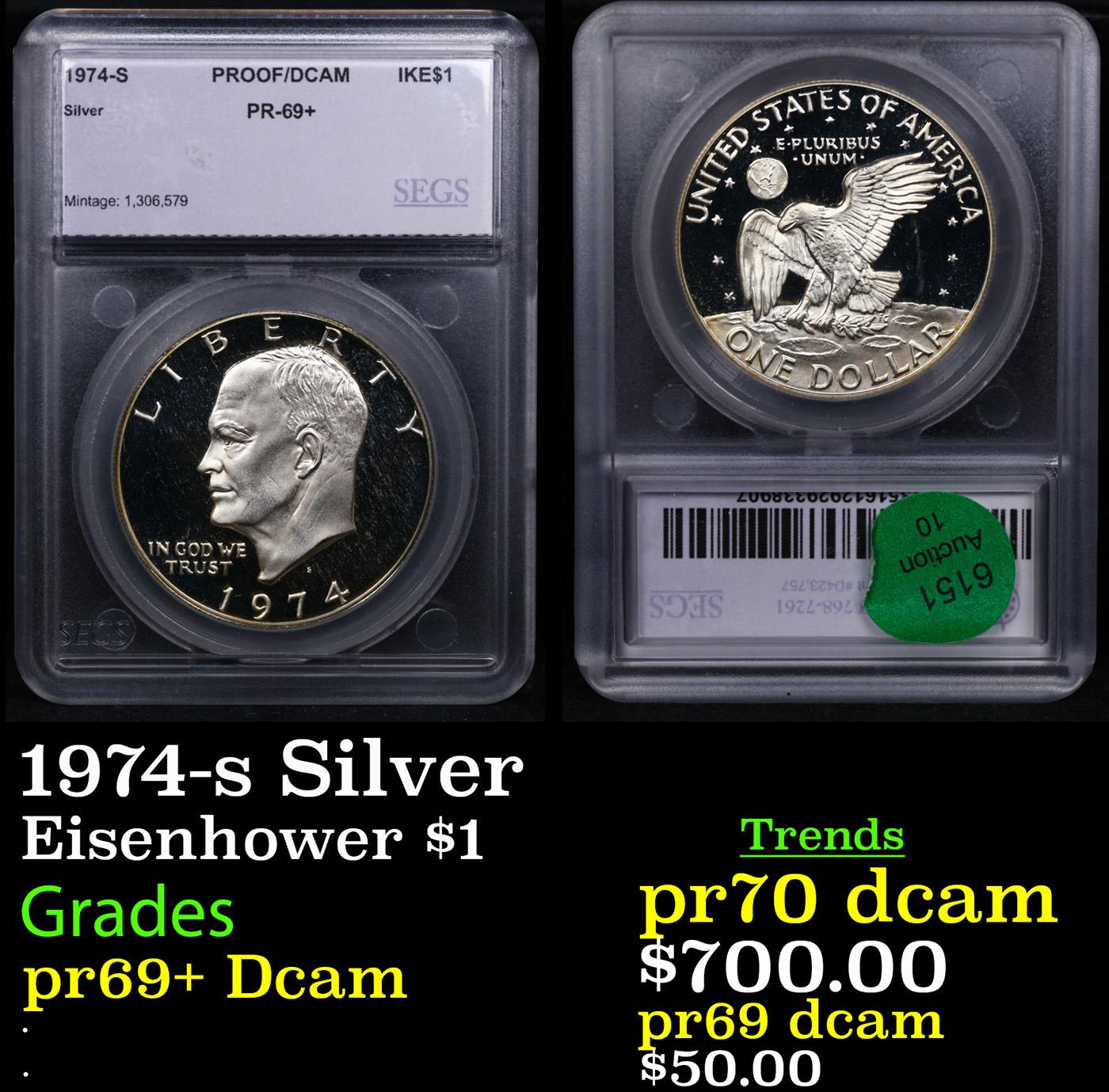 Proof 1974-s Silver Eisenhower Dollar 1 Graded pr69+ Dcam By SEGS