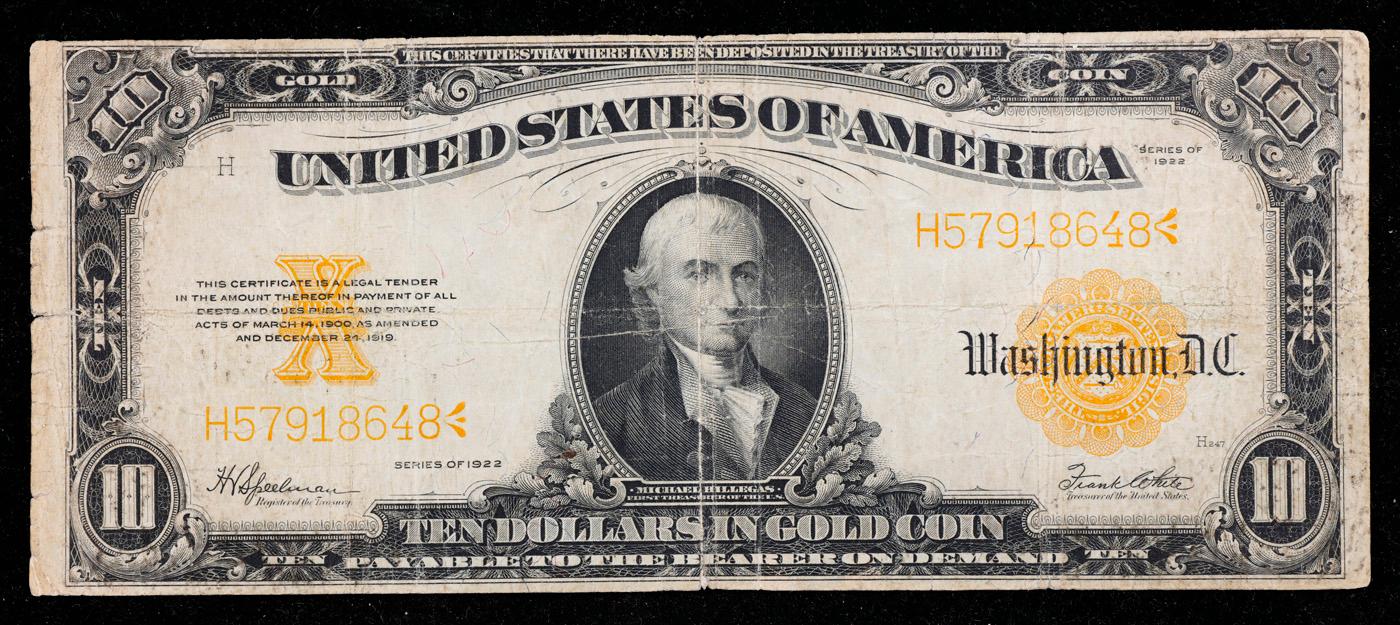 ***Auction Highlight*** 1922 $10 Large Size Gold Certificate Grades vf+ Signatures Speelman/White (f