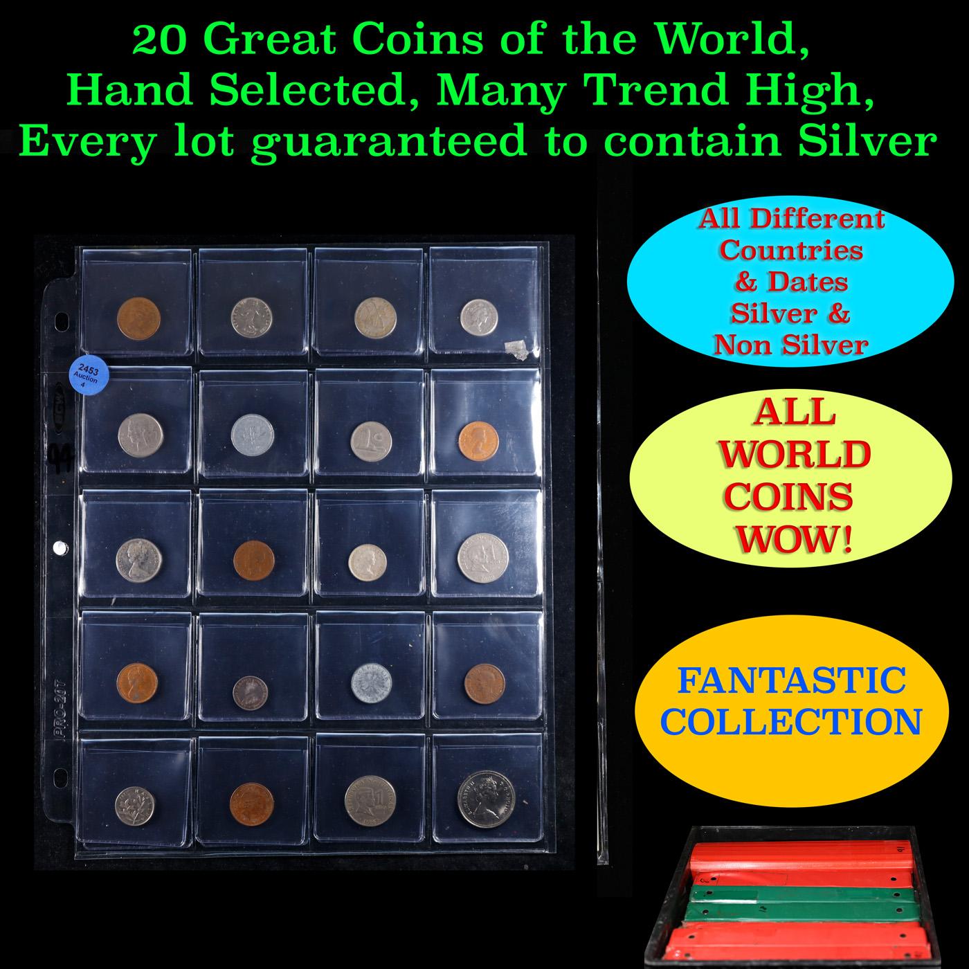 20 Great Coins of the World, hand selected, many trend high, every lot guaranteed to contain Silver.