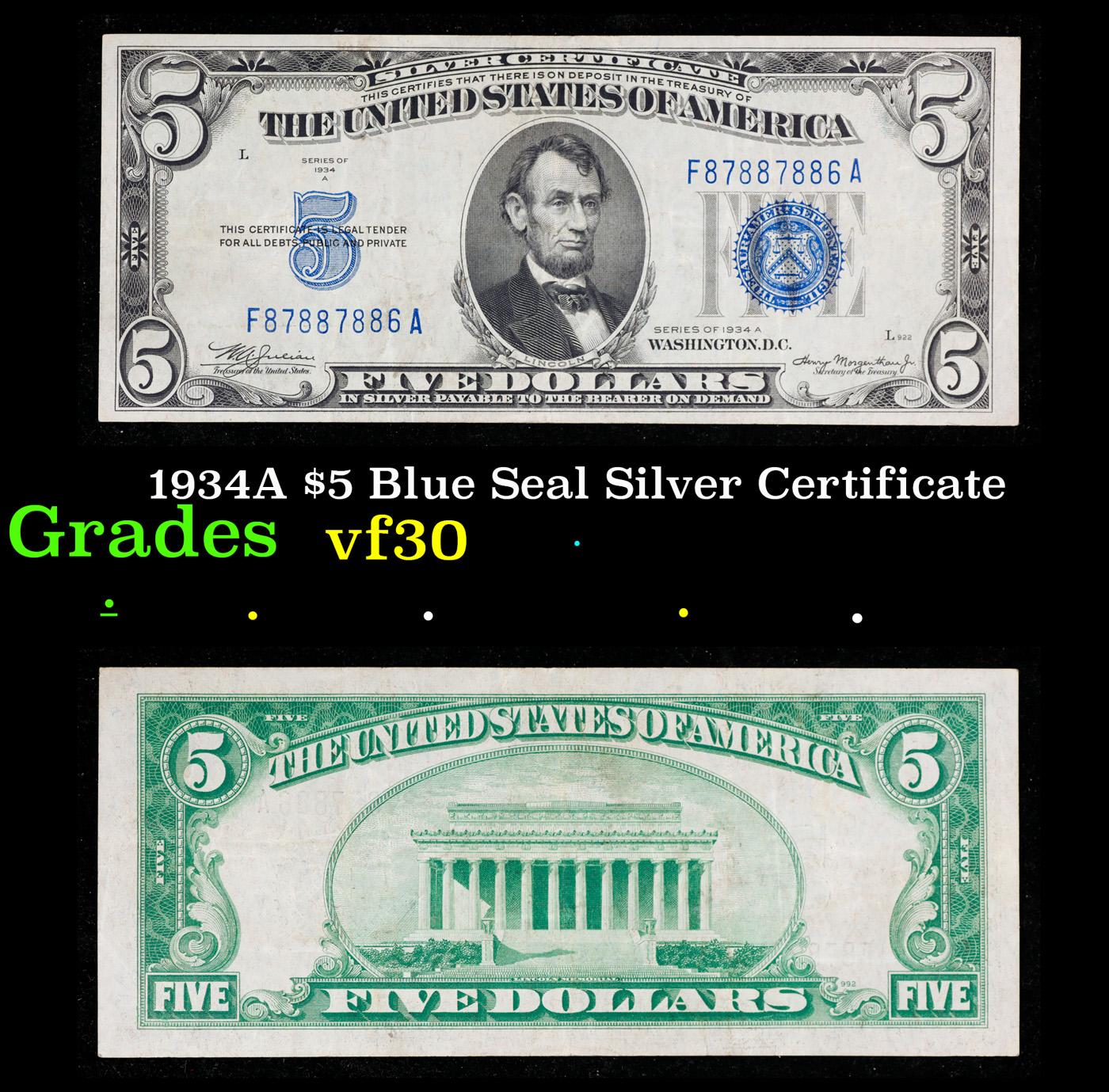 1934A $5 Blue Seal Silver Certificate Grades vf++