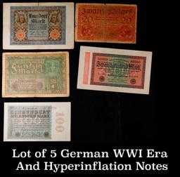 Lot of 5 German WWI Era And Hyperinflation Notes Grades