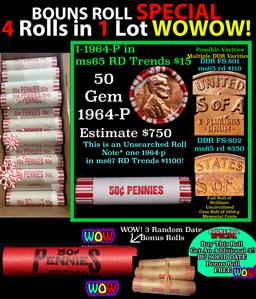 THIS AUCTION ONLY! BU Shotgun Lincoln 1c roll, 1964-p 50 pcs Plus THREE bonus random date BU roll! B