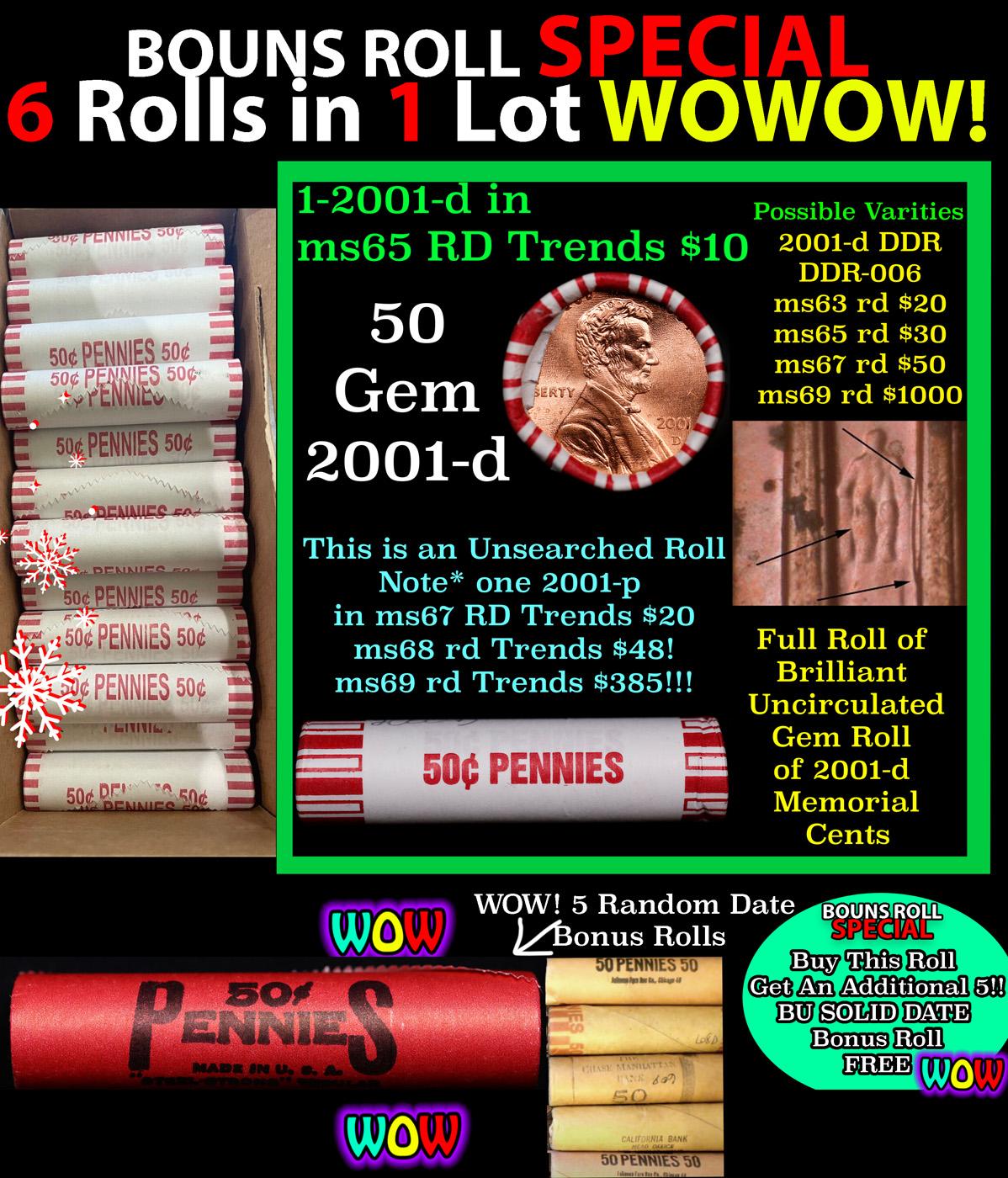 THIS AUCTION ONLY! BU Shotgun Lincoln 1c roll, 2001-d 50 pcs Plus FIVE bonus random date BU roll! Ba