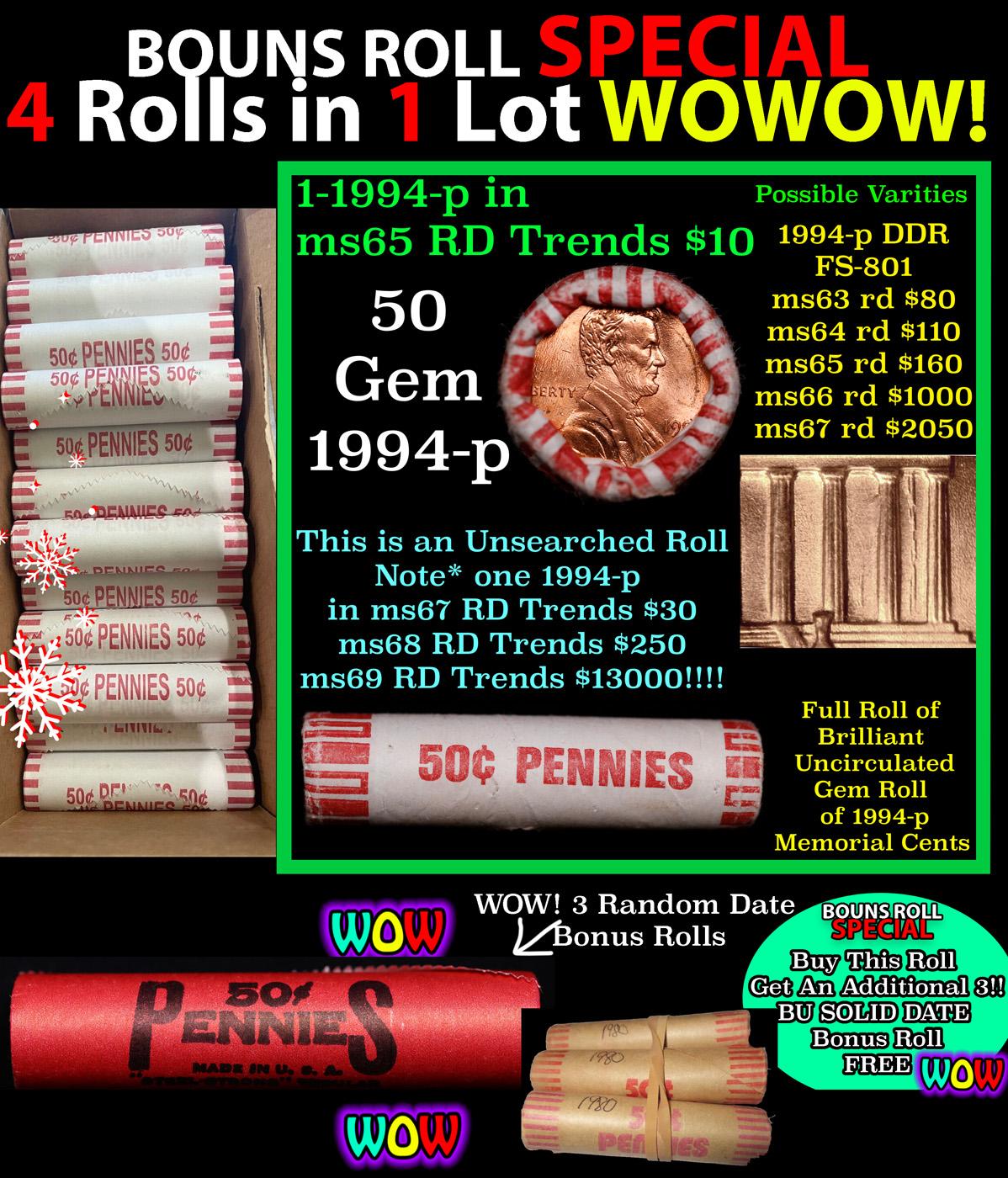 THIS AUCTION ONLY! BU Shotgun Lincoln 1c roll, 1994-p 50 pcs Plus THREE bonus random date BU roll! B