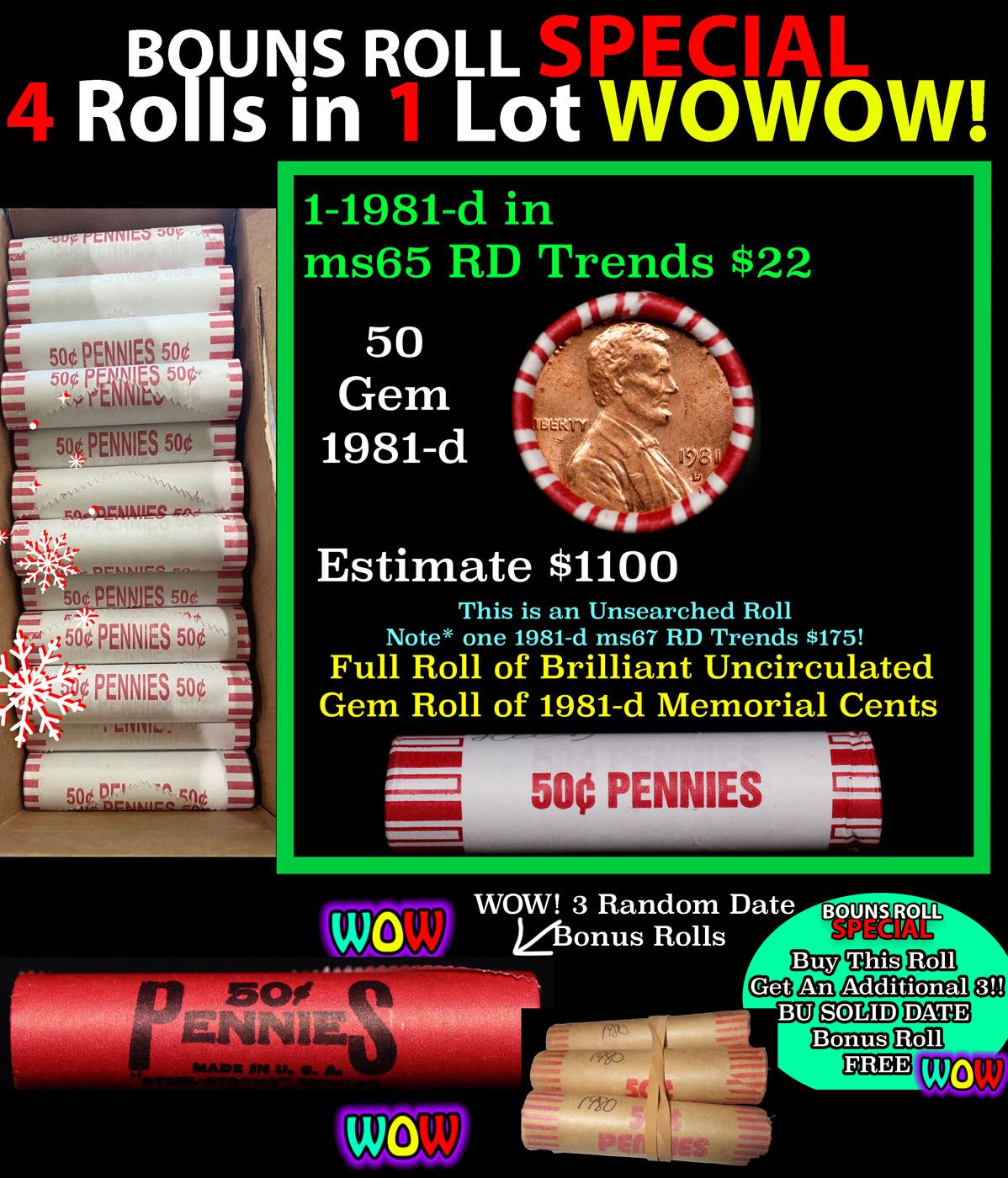 THIS AUCTION ONLY! BU Shotgun Lincoln 1c roll, 1981-d 50 pcs Plus THREE bonus random date BU roll! B