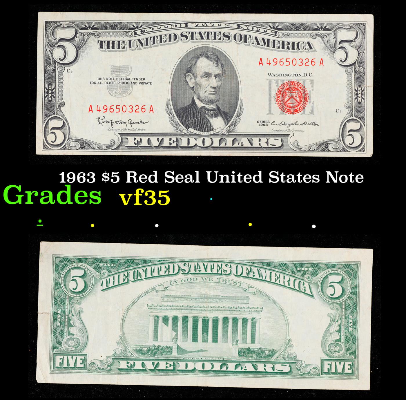 1963 $5 Red Seal United States Note Grades vf++