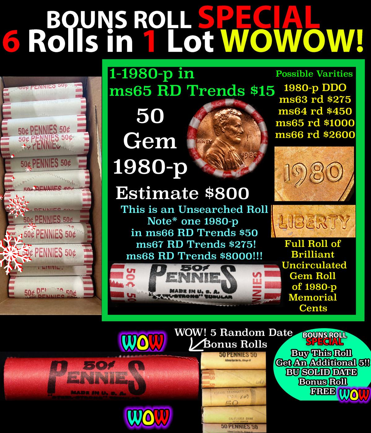 THIS AUCTION ONLY! BU Shotgun Lincoln 1c roll, 1980-p 50 pcs Plus FIVE bonus random date BU roll! Ba