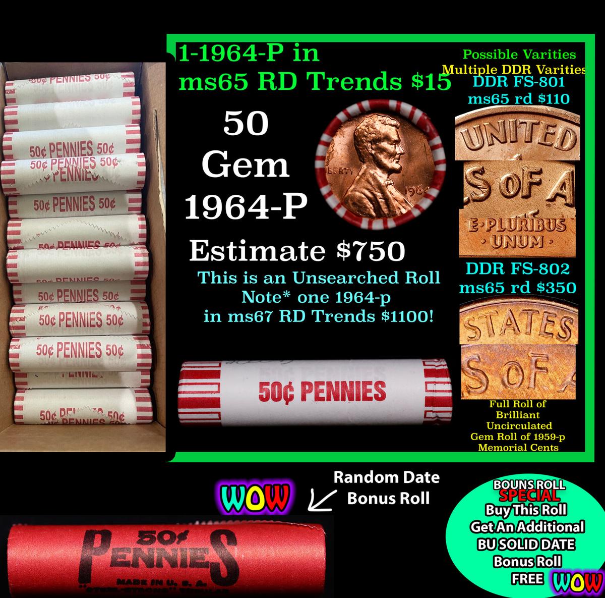 THIS AUCTION ONLY! BU Shotgun Lincoln 1c roll, 1964-p 50 pcs Plus one bonus random date BU roll! Ban