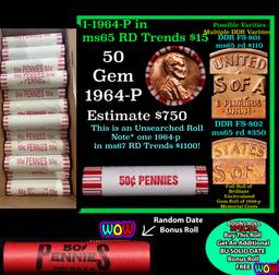 THIS AUCTION ONLY! BU Shotgun Lincoln 1c roll, 1964-p 50 pcs Plus one bonus random date BU roll! Ban