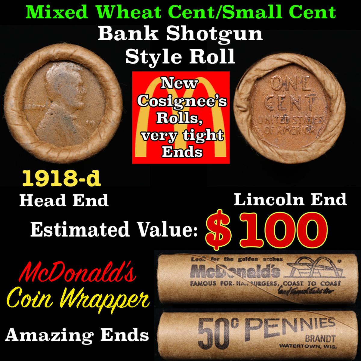 Lincoln Wheat Cent 1c Mixed Roll Orig Brandt McDonalds Wrapper, 1918-d end, Wheat other end