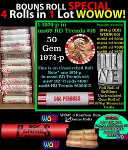 THIS AUCTION ONLY! BU Shotgun Lincoln 1c roll, 1974-p 50 pcs Plus THREE bonus random date BU roll! B