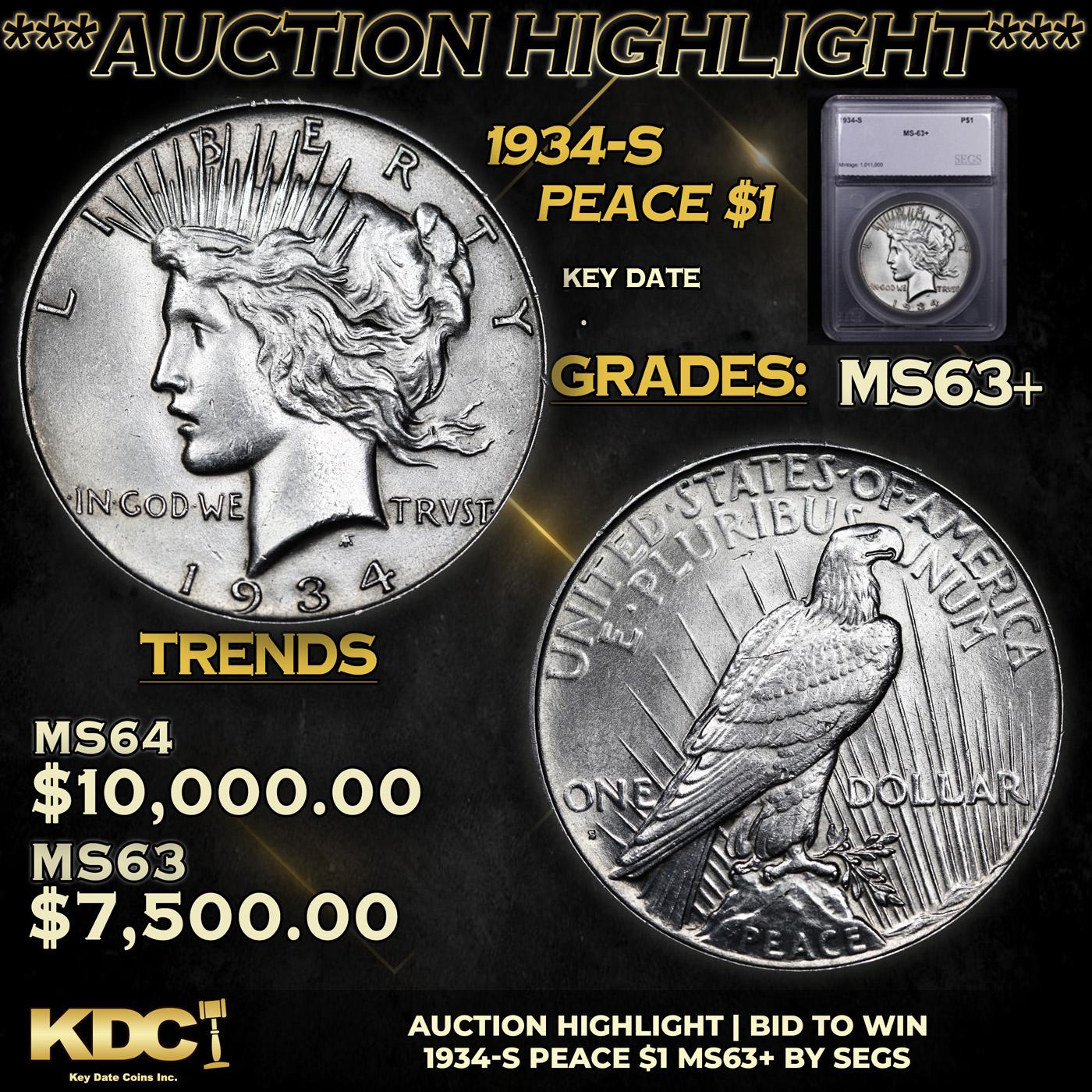 ***Auction Highlight*** 1934-s Peace Dollar 1 Graded ms63+ By SEGS (fc)