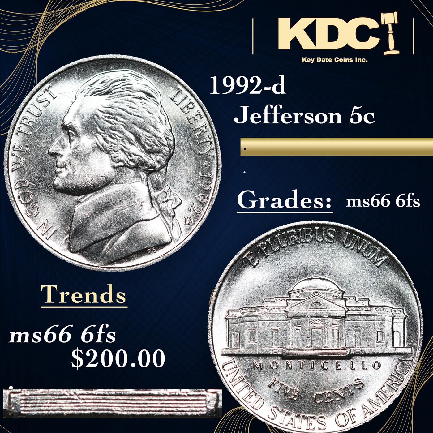 1992-d Jefferson Nickel 5c Grades GEM+ 6fs