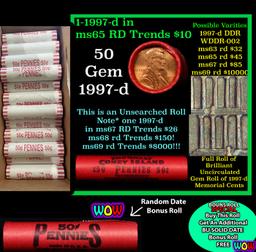 THIS AUCTION ONLY! BU Shotgun Lincoln 1c roll, 1997-d 50 pcs Plus one bonus random date BU roll! Ban