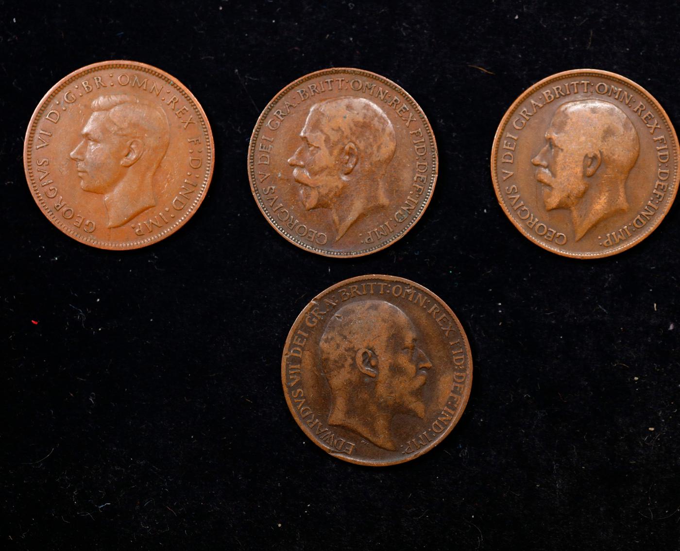 Group of 4 Coins, Great Britain Pennies, 1910, 1918, 1926, 1947 .