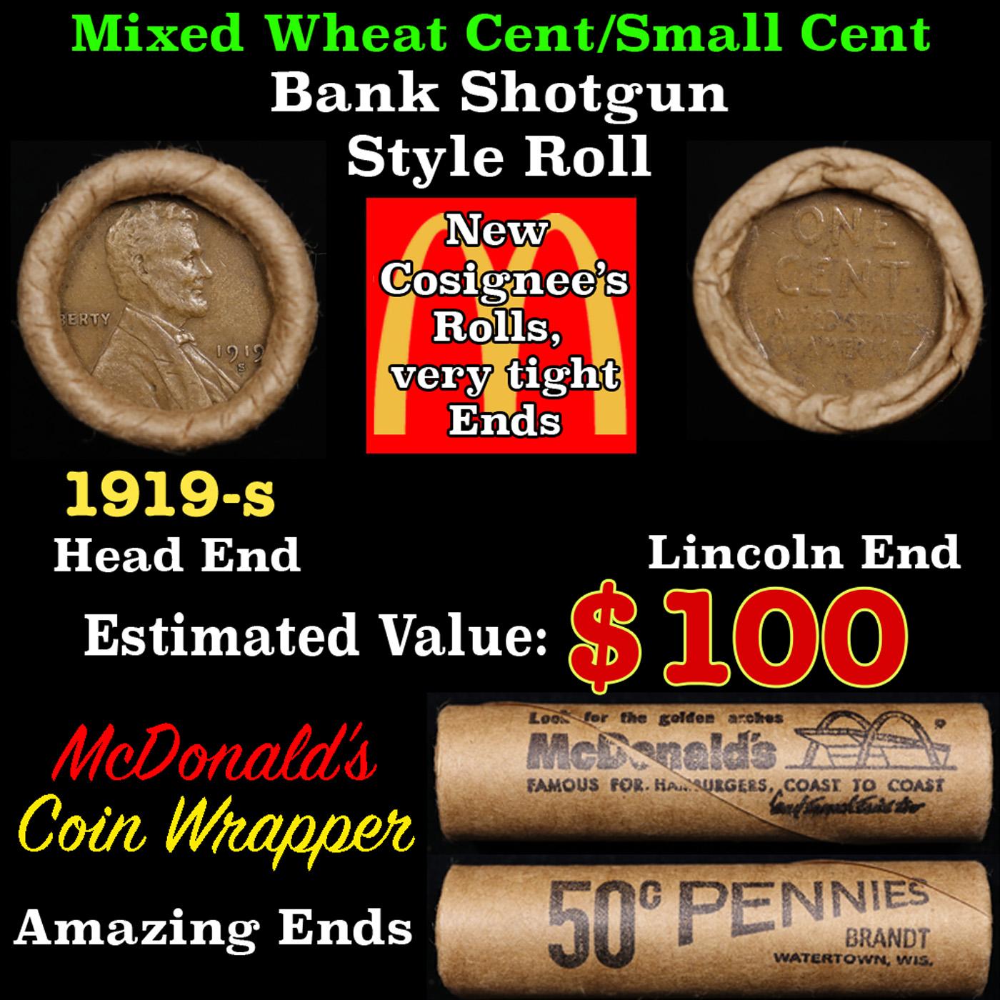 Lincoln Wheat Cent 1c Mixed Roll Orig Brandt McDonalds Wrapper, 1919-s end, Wheat other end