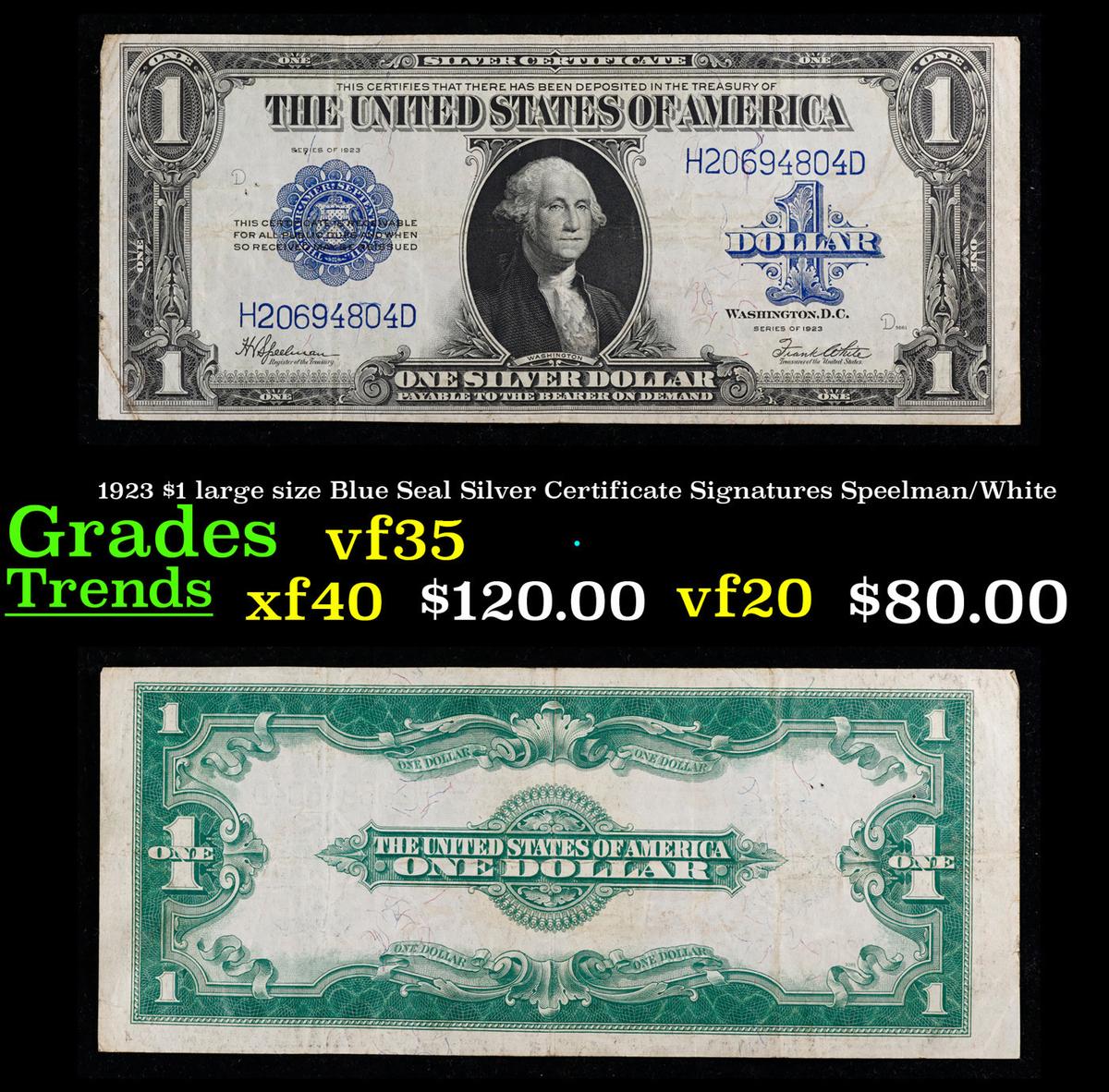 1923 $1 large size Blue Seal Silver Certificate Grades vf++ Signatures Speelman/White