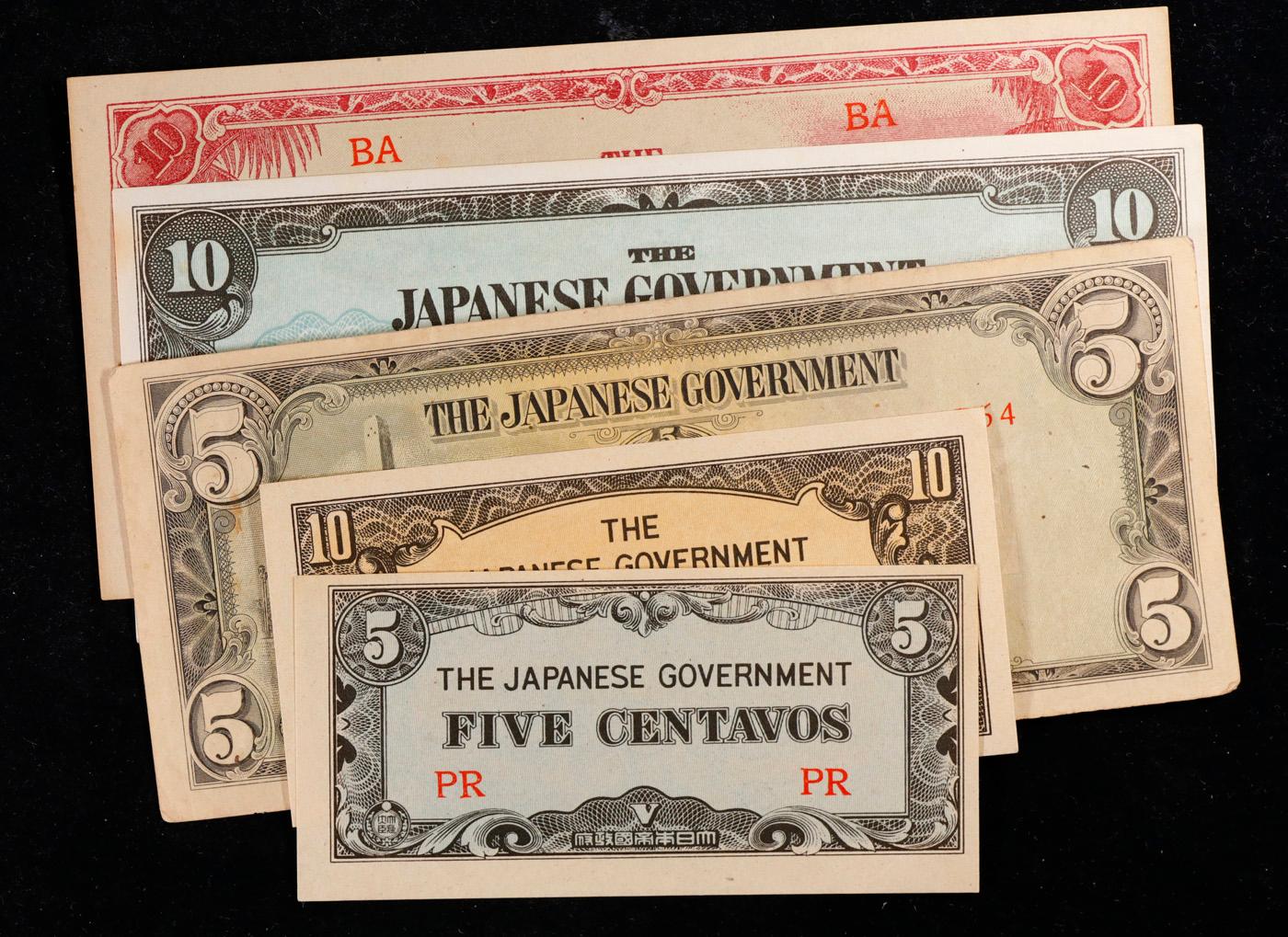 Lot of 5 Japanese WWII Invasion Money "JIM" Notes, Various Countries & Denominations Grades