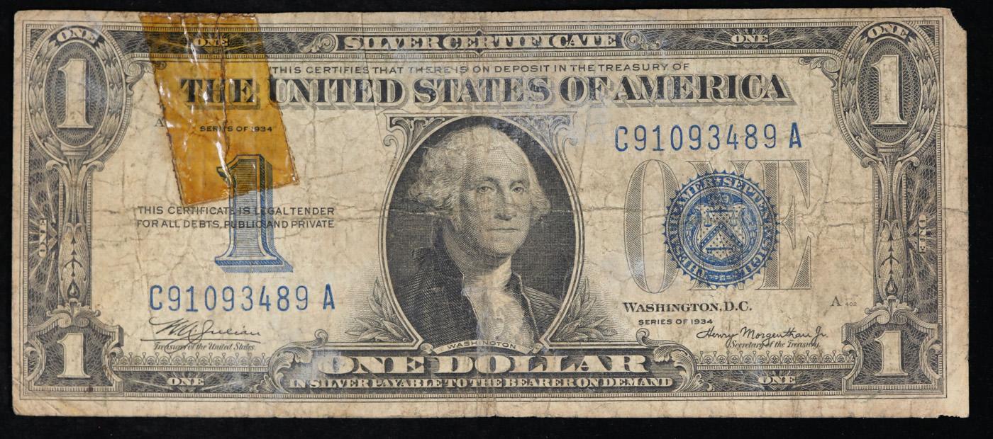 1934 "Funnyback" $1 Blue Seal Silver Certificate Grades f details