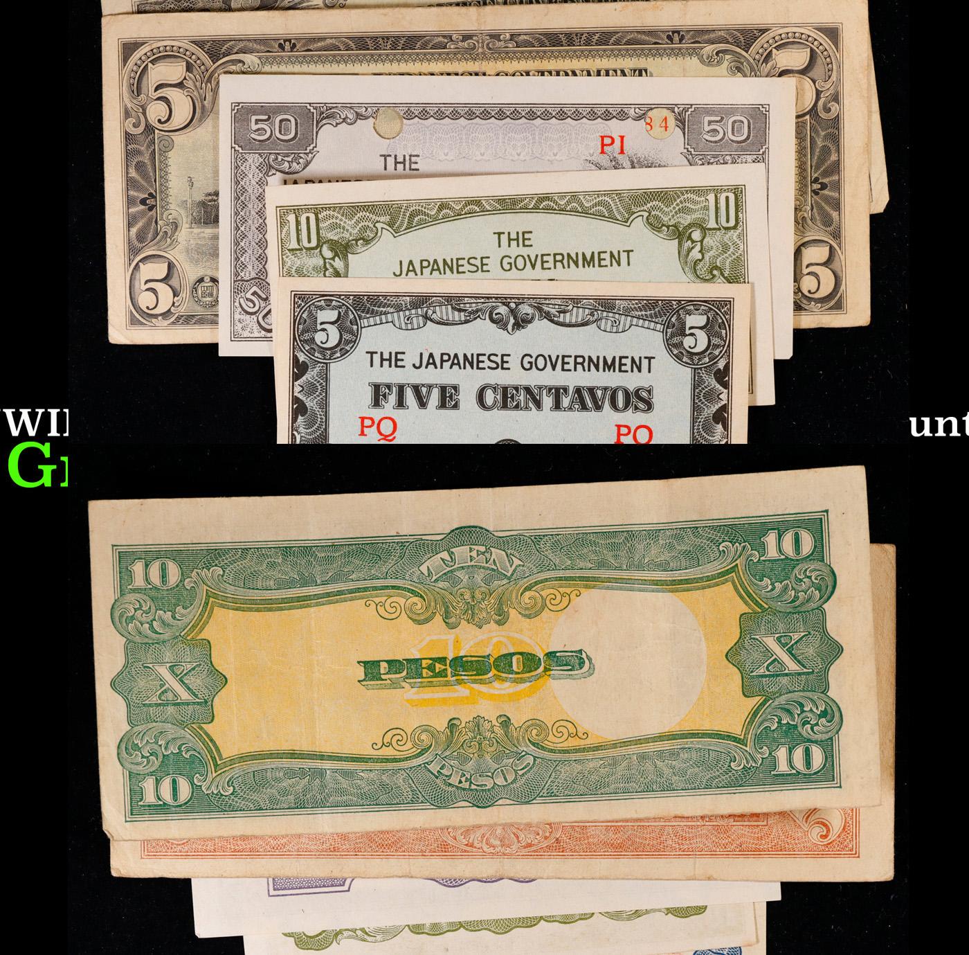 Lot of 5 Japanese WWII Invasion Money "JIM" Notes, Various Countries & Denominations Grades