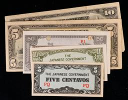 Lot of 5 Japanese WWII Invasion Money "JIM" Notes, Various Countries & Denominations Grades