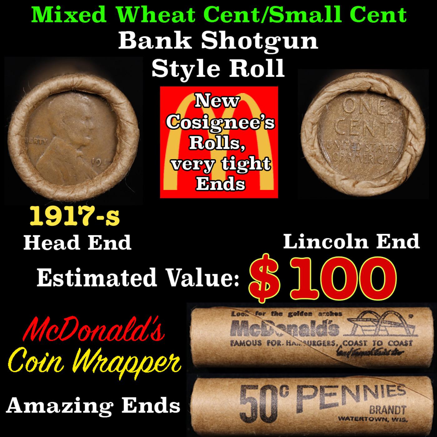 Lincoln Wheat Cent 1c Mixed Roll Orig Brandt McDonalds Wrapper, 1917-s end, Wheat other end