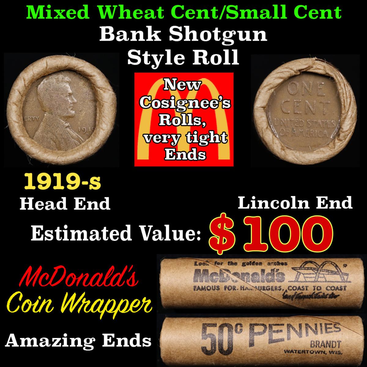 Lincoln Wheat Cent 1c Mixed Roll Orig Brandt McDonalds Wrapper, 1919-s end, Wheat other end